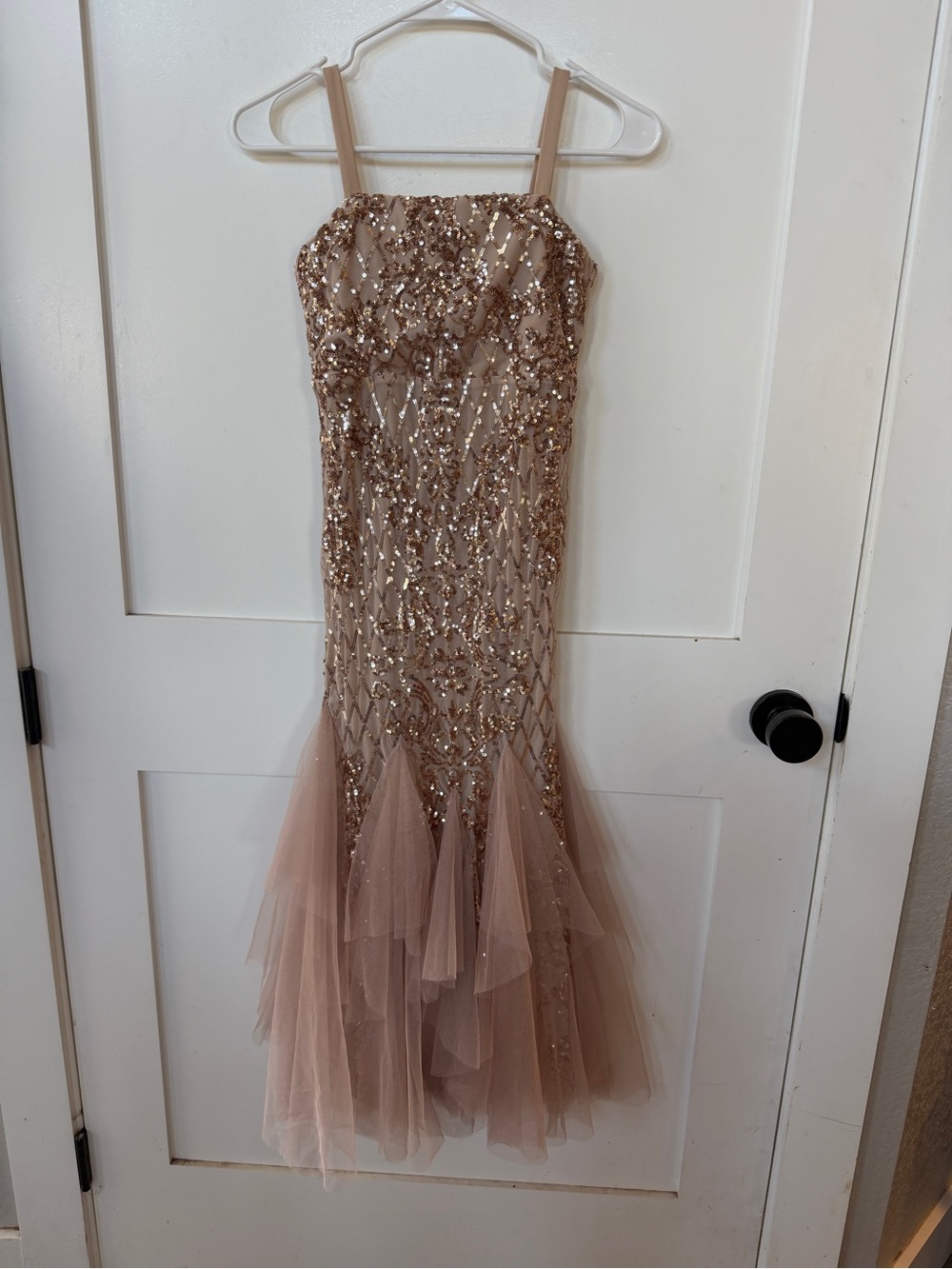 Sequined Tulle Mermaid Dress in Beige Nude with sequins and tulle detail girls 9